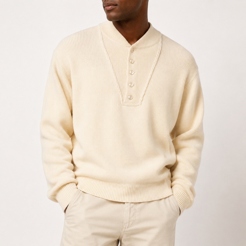 90s Vintage LL Bean Henley Knit Sweater Mens L Cream Thick Cotton Made in USA
